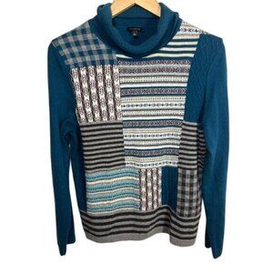Talbots teal patchwork sweater size L large cotton/wool/cashmere